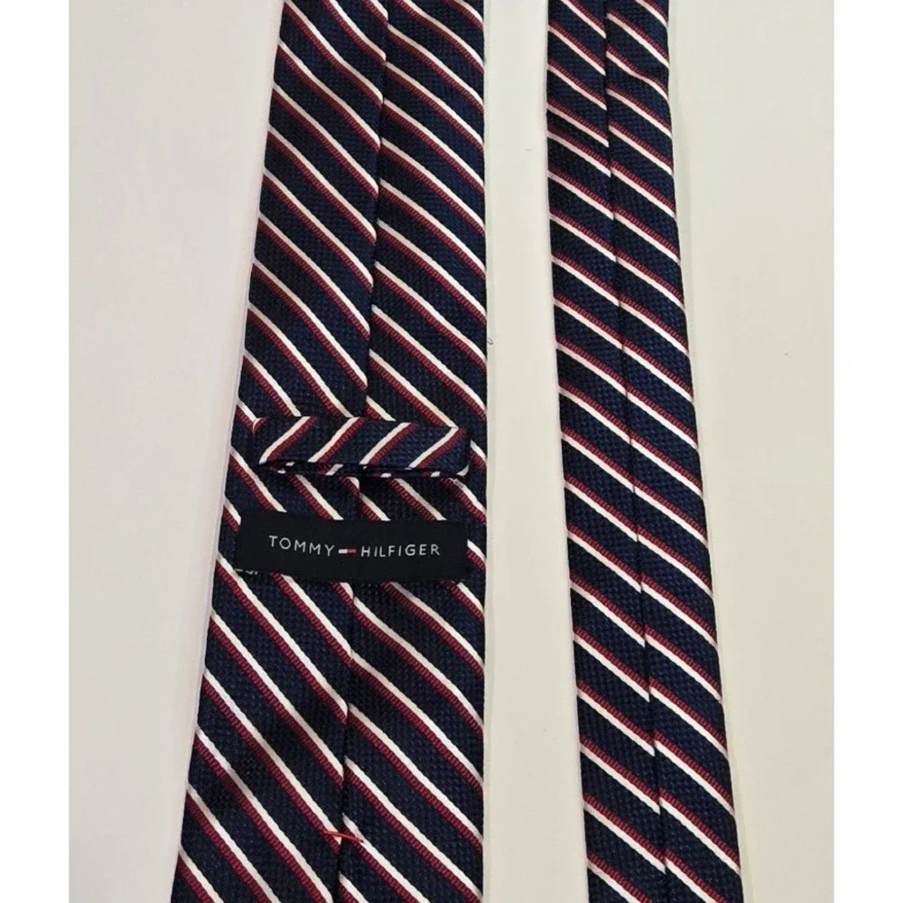 Tommy Hilfiger Navy Blue Red and White Striped Silk Tie
